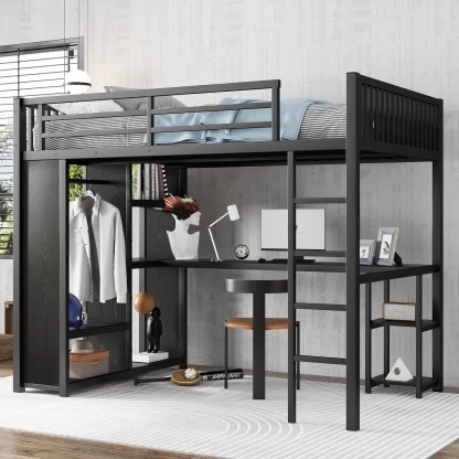 Kumix Full XL Size Loft Bed with Built-in Wardrobe, Metal Loft Bed with Desk and Storage Shelves, Full-Length Guardrail for Kids Teens Adults, Full XL Loft Bed Frame for Bedroom, Noise-Free, Black