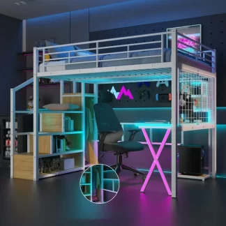 Kumix Metal Loft Bed with Built-in Work Station, Wardrobe, Storage Staircase and LED, Full Size Loft Bed with Full-Length Guardrail and Stair for Kids Teens Adults, Loft Bed Frame for Bedroom, White