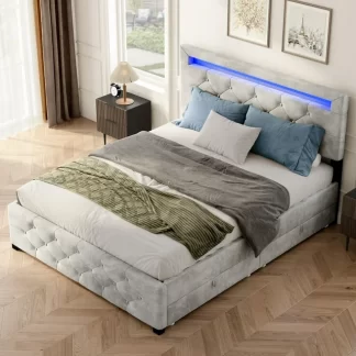 Kumix Upholstered Platform Bed Frame with 4 Drawers and LED Light, Queen Size Storage Platform Bed Frame with Headboard for Kids Teens Adults, Metal Bed Frame, No Box Spring Needed, Noise-Free, Grey
