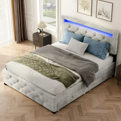 Kumix Upholstered Platform Bed Frame with 4 Drawers and LED Light, Queen Size Storage Platform Bed Frame with Headboard for Kids Teens Adults, Metal Bed Frame, No Box Spring Needed, Noise-Free, Grey