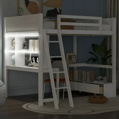 Kumix Full Size Loft Bed with L-shaped Multi-storage Desk, LED light and USB Charging Station, Storage Bench with 2 Drawers, Wooden Loft Bed Frame for Kids Teens Adults, Full Loft Bed, White