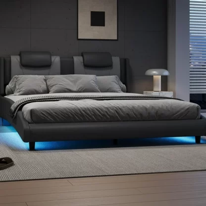 Kumix King Size Platform Bed with LED Light and Adjustable Headboard, Modern Style Faux Leather Upholstered Platform Bed for Kids Teens Adults, King Platform Bed Frame for Bedroom, Grey