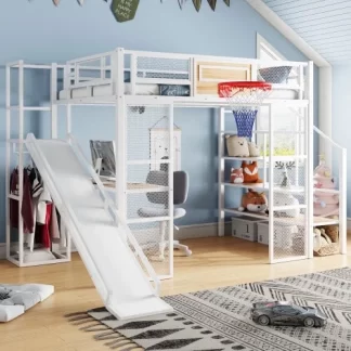 Kumix Full Size Loft Bed with Slide, Built-in Desk, Open Wardrobe, Basketball Hoop and Staircase, Metal Loft Bed with Safety Guardrail and Ladder for Kids Teens Adults, Full Loft Bed Frame, White