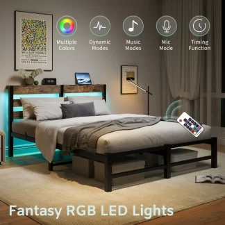 Kumix Platform Bed with USB Charging Station, LED, Metal Queen Size Platform with Headboard and Storage Shelf for Kids Teens Adults, Queen Platform Bed Frame, Strong Steel Slats, Noise Free, Brown
