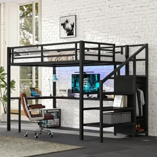 Kumix Full Size Loft Bed with L-shaped Desk and USB, Metal Loft Bed with Wardrobe and Adjustable Shelf for Kids Teens Adults, High Loft Bed with LED for Bedroom, Full Loft Bed Frame, Black
