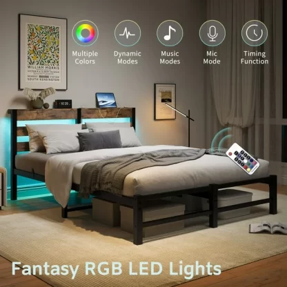 Kumix Platform Bed with USB Charging Station, LED, Metal Queen Size Platform with Headboard and Storage Shelf for Kids Teens Adults, Queen Platform Bed Frame, Strong Steel Slats, Noise Free, Brown