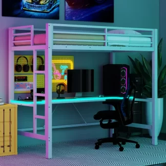 Kumix Gaming Loft Bed with Desk, USB Charging and LED Light, Metal Loft Bed Twin Size with Full-Length Guardrail and Ladder for Kids Teens Adults, Color-changing Loft Bed Frame for Bedroom, White