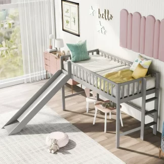 Kumix Low Loft Bed with Slide, Twin Size Loft Bed with Full-Length Guardrail and Ladder for Kids Boys, Girls Teens Adults, Wooden Loft Bed Frame for Bedroom, Kids Loft Bed Twin Size, Gray