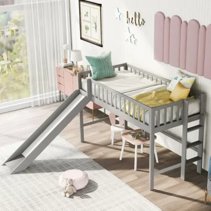 Kumix Low Loft Bed with Slide, Twin Size Loft Bed with Full-Length Guardrail and Ladder for Kids Boys, Girls Teens Adults, Wooden Loft Bed Frame for Bedroom, Kids Loft Bed Twin Size, Gray