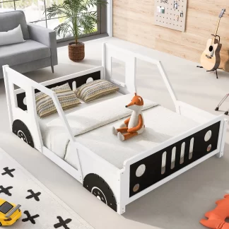 Kumix Full Size Platform Bed, Wooden Classic Car-Shaped Platform Bed with Wheels/Headboard/Footboard/Doors/Windows for Kids Boys and Girls, Kids Platform Bed for Bedroom, Noise-Free, White