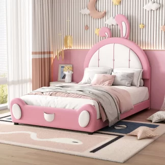 Kumix Upholstered Platform Bed with Rabbit Shaped Headboard, PU Upholstered Twin Size Platform Bed Frame for Kids Teens, Boys Girls, Twin Cute Kids Beds for Bedroom, No Box Spring Needed, Pink
