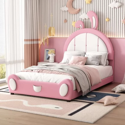 Kumix Upholstered Platform Bed with Rabbit Shaped Headboard, PU Upholstered Twin Size Platform Bed Frame for Kids Teens, Boys Girls, Twin Cute Kids Beds for Bedroom, No Box Spring Needed, Pink