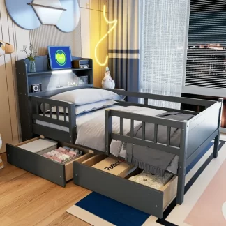 Kumix Platform Bed with Built-in LED Light and USB Charging, Wooden Twin Size Platform Bed with 2 Drawers, Multi-functional Headboard and Guardrail for Kids Teens Adults, Platform Bed Frame, Grey