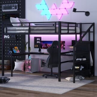Kumix Queen Size Loft Bed with L-shaped Desk and USB, Metal Loft Bed with Wardrobe and Adjustable Shelf for Kids Teens Adults, High Loft Bed with LED for Bedroom, Queen Loft Bed Frame, Black