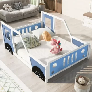Kumix Full Size Platform Bed, Wooden Classic Car-Shaped Platform Bed with Wheels/Headboard/Footboard/Doors/Windows for Kids Boys and Girls, Kids Platform Bed for Bedroom, Noise-Free, Blue