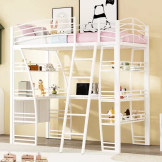 Kumix Twin Size Loft Bed with Desk and 4 Layers of Shelves, Metal Loft Bed with Sockets, USB Ports and Wireless Charging for Kids Teens Adults, Loft Bed Frame with Guardrail and Ladder, White