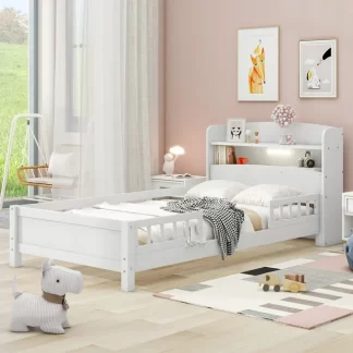 Kumix Platform Bed with Built-in LED Light, Wood Twin Size Platform Bed with Storage Headboard and Full- Length Guardrail for Kids Teens Boys and Girls, Twin Platform Bed Frame for Bedroom, White