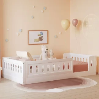Kumix Toddler Floor Bed with Fence Guardrail, Unlimited Weight Capacity, Wooden Twin Size Floor Bed for Kids Boys and Girls, Montessori Floor Bed Frame for Bedroom, Kids Floor Bed for Toddler, White