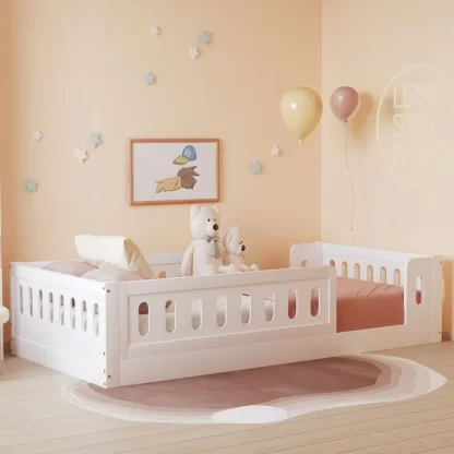 Kumix Toddler Floor Bed with Fence Guardrail, Unlimited Weight Capacity, Wooden Twin Size Floor Bed for Kids Boys and Girls, Montessori Floor Bed Frame for Bedroom, Kids Floor Bed for Toddler, White