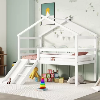 Kumix Low Loft Bed with Slide, House Loft Bed Twin Size with Ladder, Safety Guardrails and House Roof Frame for Kids Young Teens, Boys and Girls, Wooden Loft Bed Frame for Bedroom, White