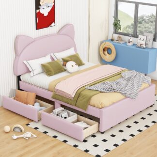 Kumix Full Size Cartoon Bed with 2 Large Storage Drawers, Kids Upholstered Platform Bed Frame, Girls Cute Beds for Bedroom, Cat Ears Shaped Headboard, No Box Spring Needed, Easy Assembly, Pink