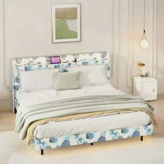 Kumix King Floating Bed with LED Light and Charging Station, Upholstered Platform Bed Frame with Headboard and Hidden Storage Space for Kids Teens Adults, No Box Spring Needed, Blue