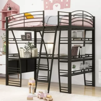 Kumix Full Size Loft Bed with Desk and 4 Layers of Shelves, Metal Loft Bed with Sockets, USB Ports and Wireless Charging for Kids Teens Adults, Loft Bed Frame with Guardrail and Ladder, Black