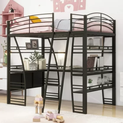 Kumix Full Size Loft Bed with Desk and 4 Layers of Shelves, Metal Loft Bed with Sockets, USB Ports and Wireless Charging for Kids Teens Adults, Loft Bed Frame with Guardrail and Ladder, Black