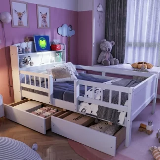 Kumix Platform Bed with Built-in LED Light and USB Charging, Wooden Twin Size Platform Bed with 2 Drawers, Multi-functional Headboard and Guardrail for Kids Teens Adults, Platform Bed Frame, White