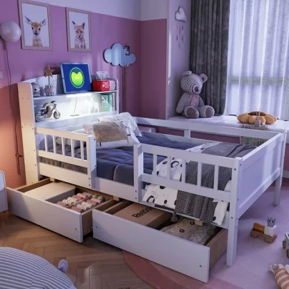 Kumix Platform Bed with Built-in LED Light and USB Charging, Wooden Twin Size Platform Bed with 2 Drawers, Multi-functional Headboard and Guardrail for Kids Teens Adults, Platform Bed Frame, White