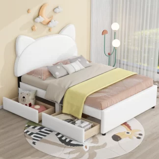 Kumix Full Size Cartoon Bed with 2 Large Storage Drawers, Kids Upholstered Platform Bed Frame, Girls Cute Beds for Bedroom, Cat Ears Shaped Headboard, No Box Spring Needed, Easy Assembly, White
