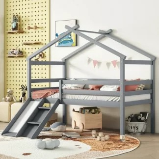 Kumix Low Loft Bed with Slide, House Loft Bed Twin Size with Ladder, Safety Guardrails and House Roof Frame for Kids Young Teens, Boys and Girls, Wooden Loft Bed Frame for Bedroom, Grey