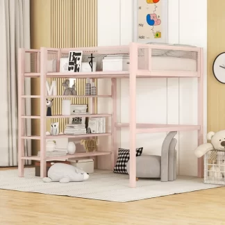 Kumix Twin Size Loft Bed with 4-Tier Shelves and Storage, Metal Twin Loft Beds Frame with Ladders & Safety Guard Rail for Kids Teens Adults, Space-Saving, Noise Free, No Box Spring Needed, Pink