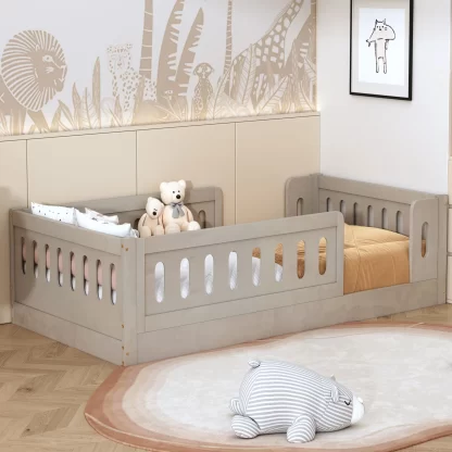Kumix Toddler Floor Bed with Fence Guardrail, Unlimited Weight Capacity, Wooden Twin Size Floor Bed for Kids Boys and Girls, Montessori Floor Bed Frame for Bedroom, Kid Floor Bed for Toddler, Natural