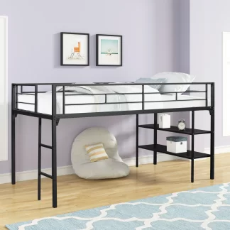 Kumix Low Loft Bed with Shelves, Metal Loft Bed Twin Size with Full-Length Guardrail and Build-in Ladder for Kids Teens Adults, Heavy Duty Twin Size Loft Bed Frame for Bedroom, Noise-Free, Black