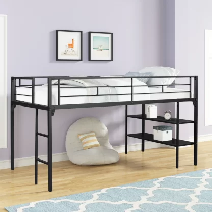 Kumix Low Loft Bed with Shelves, Metal Loft Bed Twin Size with Full-Length Guardrail and Build-in Ladder for Kids Teens Adults, Heavy Duty Twin Size Loft Bed Frame for Bedroom, Noise-Free, Black