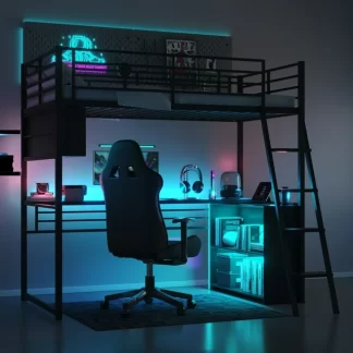 Kumix Metal Loft Bed with LED, Desk and 4 Shelves, Twin Size Loft Bed with Safety Guardrail and Ladder for Kids Teens Adults, Twin Loft Bed Frame for Bedroom, No Box Spring Needed, Black