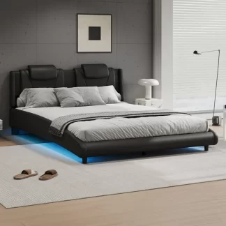 Kumix Full Size Platform Bed with LED Light and Adjustable Headboard, Modern Style Faux Leather Upholstered Platform Bed for Kids Teens Adults, Full Platform Bed Frame for Bedroom, Black