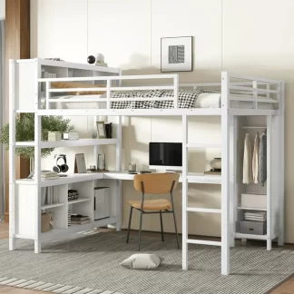 Kumix Metal Loft Bed with Wardrobe And L-shaped Desk, Queen Size Loft Bed with Storage Cubes and Shelves, Heavy Duty Loft Bed Frame for Kids Teens Adults, Noise-Free, Easy Assembly, White