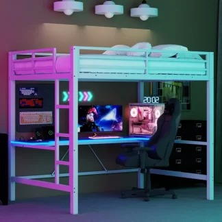 Kumix Gaming Loft Bed with Desk, USB Charging and LED Light, Metal Loft Bed Full Size with Full-Length Guardrail and Ladder for Kids Teens Adults, Color-changing Loft Bed Frame for Bedroom, White