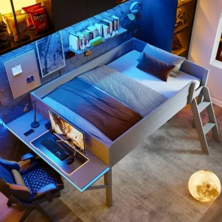 Kumix Gaming Loft Bed with Desk and LED, Wood Full Size Loft Bed with Full-Length Guardrail and Ladder for Kids Teens Adults, Heavy Duty Low Loft Bed Frame for Bedroom, Noise-Free, Grey