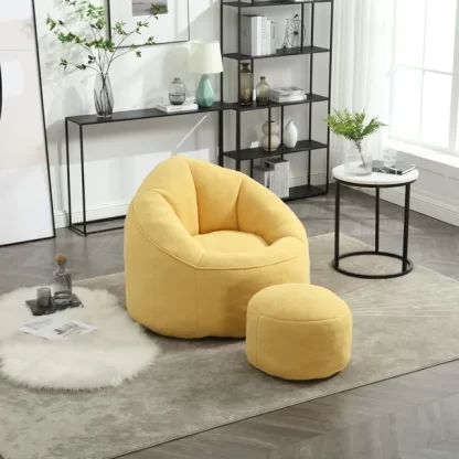 Kumix Bedding Bean Bag Sofa Chair with Footstool, Petal Back, Microfiber Upholstered Bean Bag Sofa High Pressure, Shell-Shaped Beanbag Chair, Memory Foam Stuffed Lazy Sofa for Bedroom, Yellow