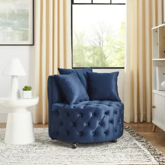 Kumix Velvet Upholstered Swivel Chair for Living Room, with Button Tufted Design and Movable Wheels, Including 3 Pillows, Lazy Swivel Chair for Kids Teens Adults, Blue