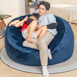 Kumix Bean Bag Chair, Giant 5' Memory Foam Furniture Bean Bag Chairs for Adults with Microfiber Cover - 5Ft, Lazy Bean Bag Chair for Bedroom, Living Room, Lychee Velvet Beanbag Chair, Blue