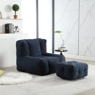 Kumix Fluffy Bean Bag Chair, Comfortable Bean Bag for Adults, Super Soft Lazy Sofa Chair with Memory Foam and Ottoman, Indoor Modern Bean Bag Chair for Living Room, Bedroom, Apartment, Blue