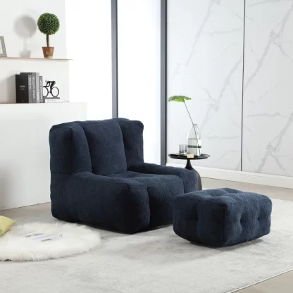 Kumix Fluffy Bean Bag Chair, Comfortable Bean Bag for Adults, Super Soft Lazy Sofa Chair with Memory Foam and Ottoman, Indoor Modern Bean Bag Chair for Living Room, Bedroom, Apartment, Blue
