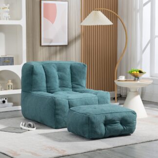 Kumix Fluffy Bean Bag Chair, Comfortable Bean Bag for Adults, Super Soft Lazy Sofa Chair with Memory Foam and Ottoman, Indoor Modern Bean Bag Chair for Living Room, Bedroom, Apartment, Green