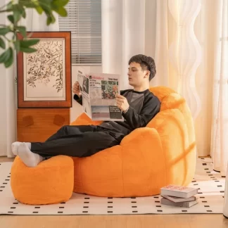 Kumix Giant Bean Bag Chair with Foot Pedals, Oversized Bean Bag Couch for Adults and Kids, Faux Fur Shell-Shaped Large Bean Bag Chair with Filler, Pumpkin Shape Sofa Chair for Reading (Orange)