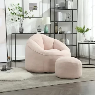 Kumix Bedding Bean Bag Sofa Chair with Footstool, Petal Back, Microfiber Upholstered Bean Bag Sofa High Pressure, Shell-Shaped Beanbag Chair, Memory Foam Stuffed Lazy Sofa for Bedroom, Pink
