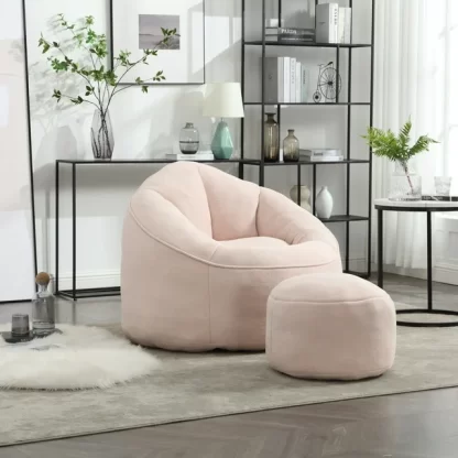 Kumix Bedding Bean Bag Sofa Chair with Footstool, Petal Back, Microfiber Upholstered Bean Bag Sofa High Pressure, Shell-Shaped Beanbag Chair, Memory Foam Stuffed Lazy Sofa for Bedroom, Pink